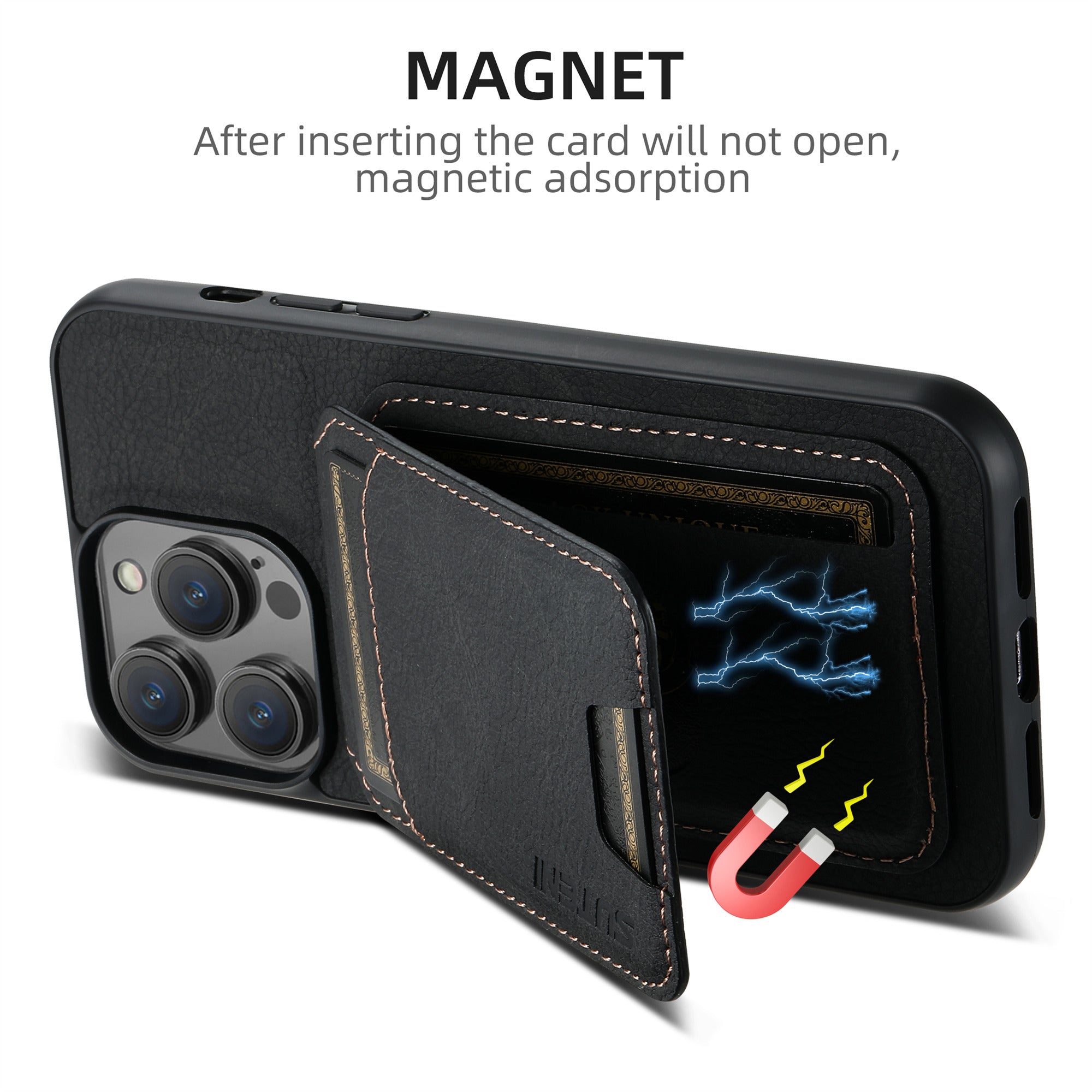 SUTENI H02 For iPhone 14 Pro Max Case PU Leather Litchi Texture Phone Shell with Card Slots - Black SUTENI H02 For iPhone 14 Pro Max Case PU Leather Litchi Texture Phone Shell with Card Slots - Black